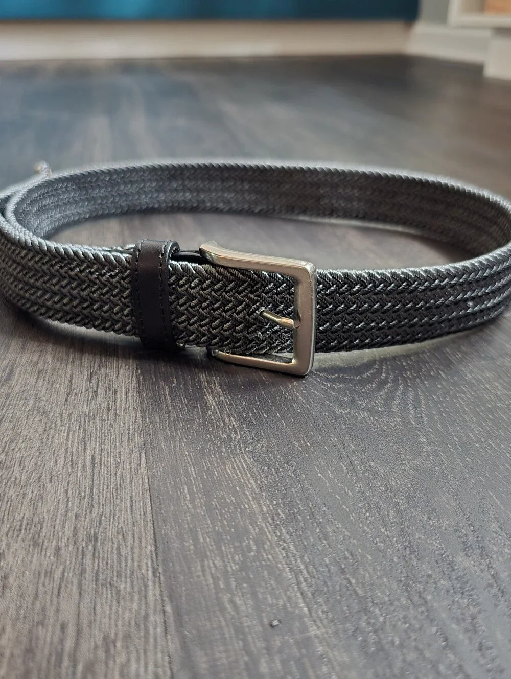 Tommy Bahama Gray Braided Woven Stretch Belt Black Leather Trim Mens M 34-36